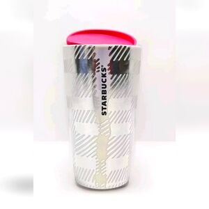 Starbucks 2024 Holiday Luster 12oz Tumbler Ceramic Iridescent Plaid Stripes Pink
